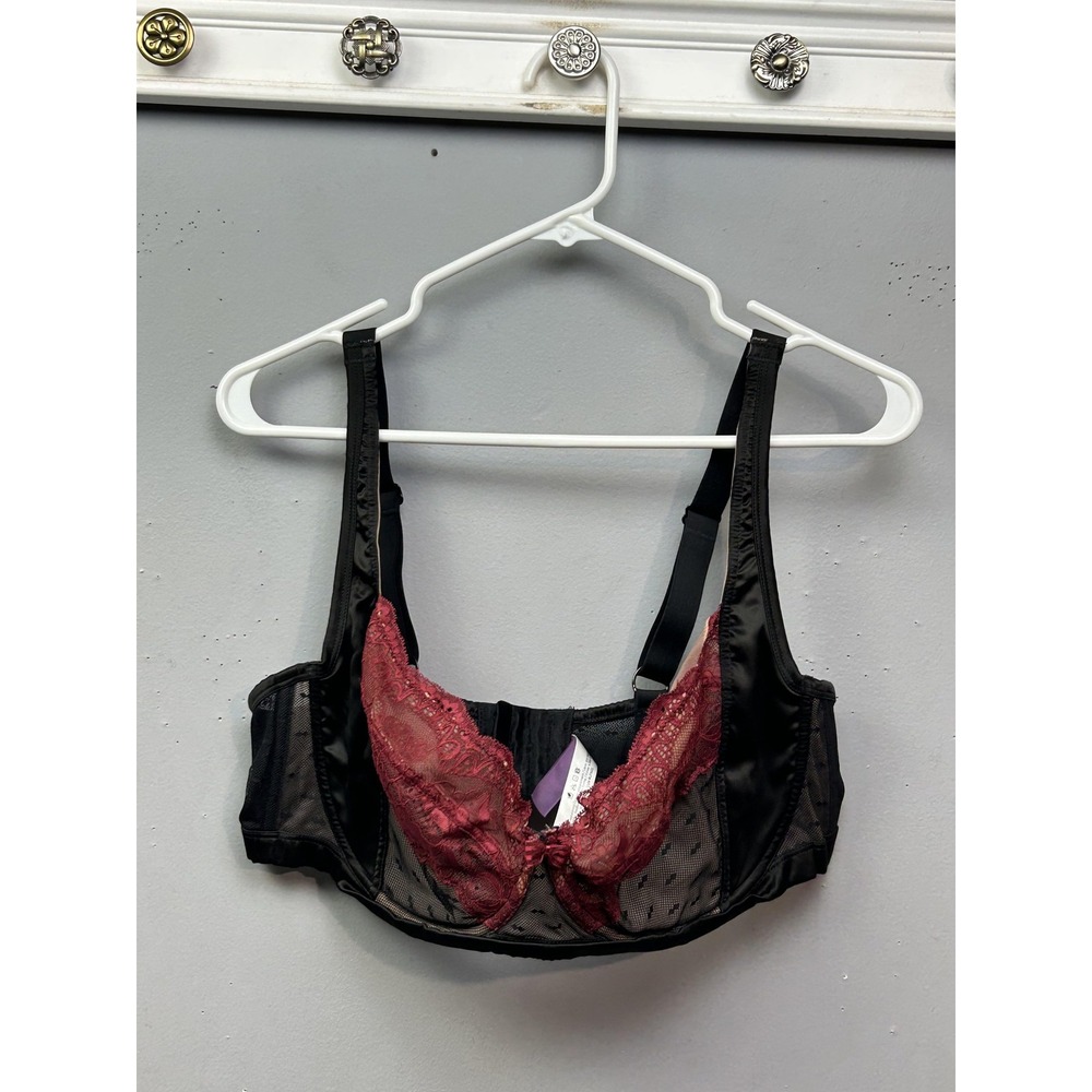 Adore Me Bra Womens 38DDD Black Red Lace Mesh Underwire Balconette 3 Hook Back